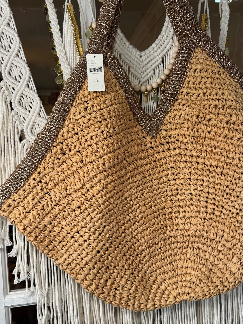 ☀️🥥NEW Anthropologie Tipped Angular Jute Straw Tote Rafia Woven Summer Beach Bag - Picture 3 of 6